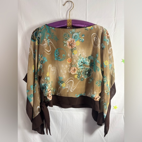 American Vintage Tops - VTG Y2K Brown Floral Boho Batwing Sleeve Kimono Blouse with Waist Tie Size L